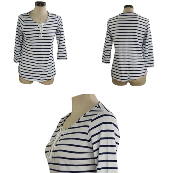 3/4 Sleeves Shirt Horizontal Strioes Blue White 100% Cotton Drawstrings - Picture 1 of 11